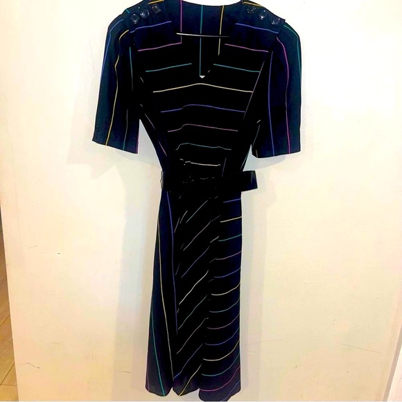 Vintage Rainbow Striped Sally Lou Day Dress Belted Large - Picture 9 of 9